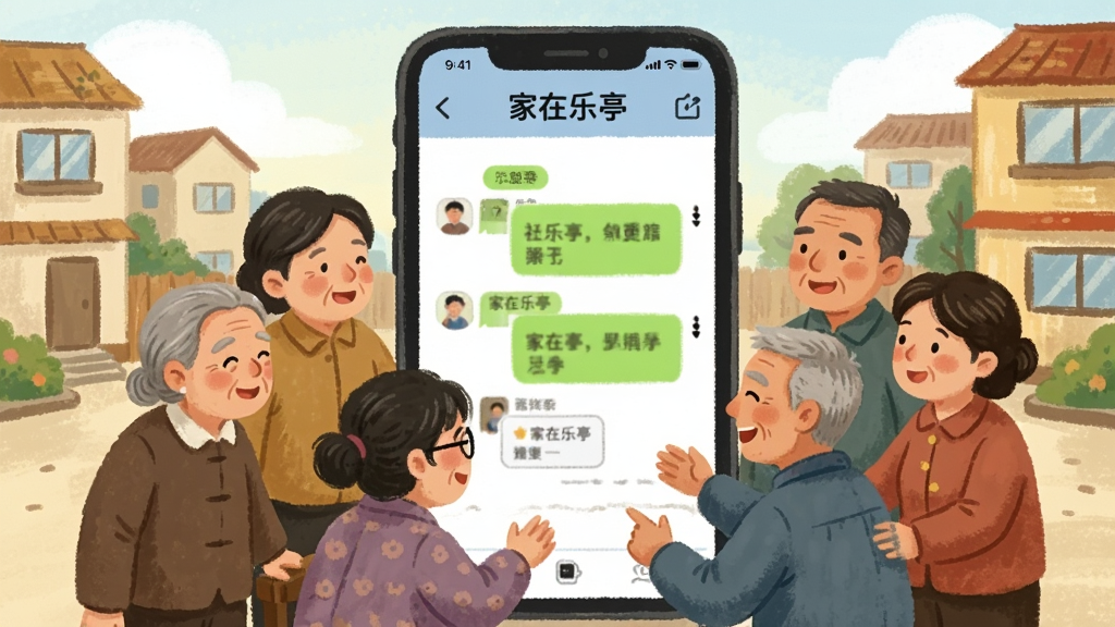 一幅描绘社区邻里互动的温馨场景插画,画面中多位不同年龄的乐亭居民围坐在一个巨大的手机屏幕旁,屏幕上显示“家在乐亭”社区聊天界面,大家面带笑容互相交流,背景是乐亭的居民小区,风格为温暖的手绘风格,细节丰富,色彩柔和,画质清晰,无多余装饰