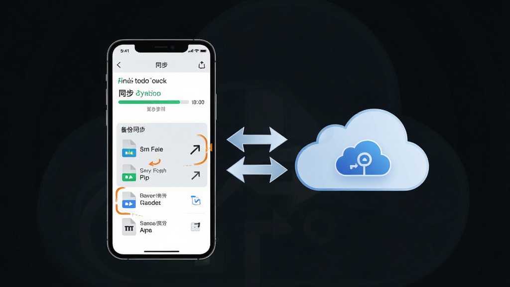一张日历todo计划表数据同步与备份功能的示意图,画面主体为手机与云端图标之间的双向箭头,屏幕内显示同步进度与备份文件列表,布局左右对称,排版直观,风格为科技感浅色系,细节包含云朵图标、同步箭头和文件格式标识,画质清晰,干净,无多余元素