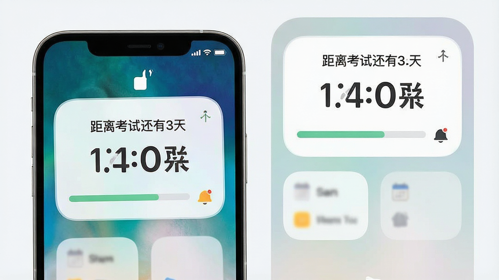一张日历todo计划表倒计时提醒功能的界面图,画面主体为手机锁屏与桌面小组件,屏幕中显示“距离考试还有30天”的倒计时卡片,布局上下分布,排版简洁,风格为柔和圆角设计,细节包含数字倒计时、进度条和提醒图标,画质清晰,干净,无多余元素