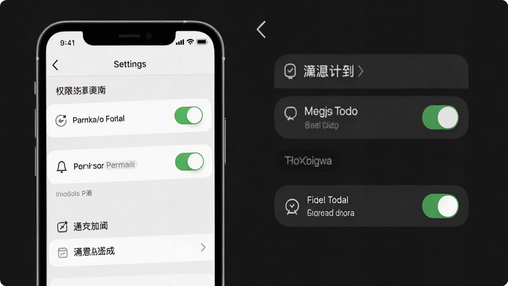 一张日历todo计划表使用指南示意图,画面主体为手机屏幕展示权限设置页面与通知开关,布局上下结构,排版清晰,风格为简洁浅色UI,细节包含权限开关、通知图标和设置菜单,画质清晰,干净,无多余元素