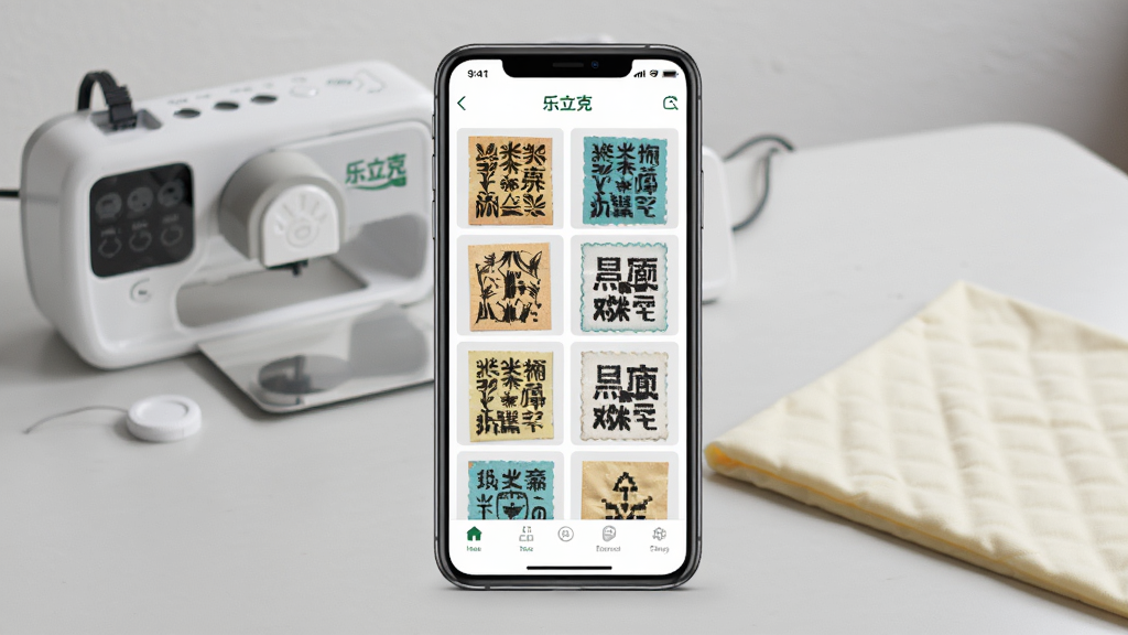 一张展示乐立克软件界面的手机样机图,画面中央是手机屏幕显示乐立克应用首页,屏幕上有烫画图案素材网格和底部导航栏,背景为干净的浅灰色桌面,桌面上放着一台乐立克烫画机和一块高温布,整体风格清新明亮,细节清晰,画质干净无多余元素