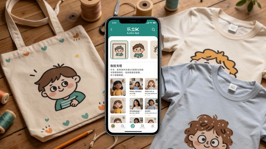 一张展示乐立克App内教程与社区界面的手机截图样机,屏幕显示烫画教程列表和用户作品分享流,旁边散落着几块印有卡通图案的帆布包和T恤,背景温馨手工氛围,风格生活化,细节丰富,画质清晰干净