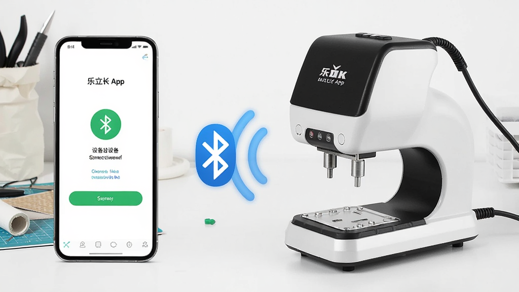 一张展示乐立克App通过蓝牙连接烫画机的示意图,画面左侧是手机屏幕显示设备连接成功界面,右侧是乐立克烫画机实体,两者之间有蓝牙信号波纹连接,背景为整洁的手工工作台,风格科技简约,细节清晰,画质干净