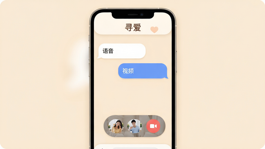 手机聊天界面展示语音气泡和视频通话按钮,顶部显示“寻爱”名称,背景为柔和米色,界面元素圆润友好,风格温馨社交,高清画质,干净无多余装饰