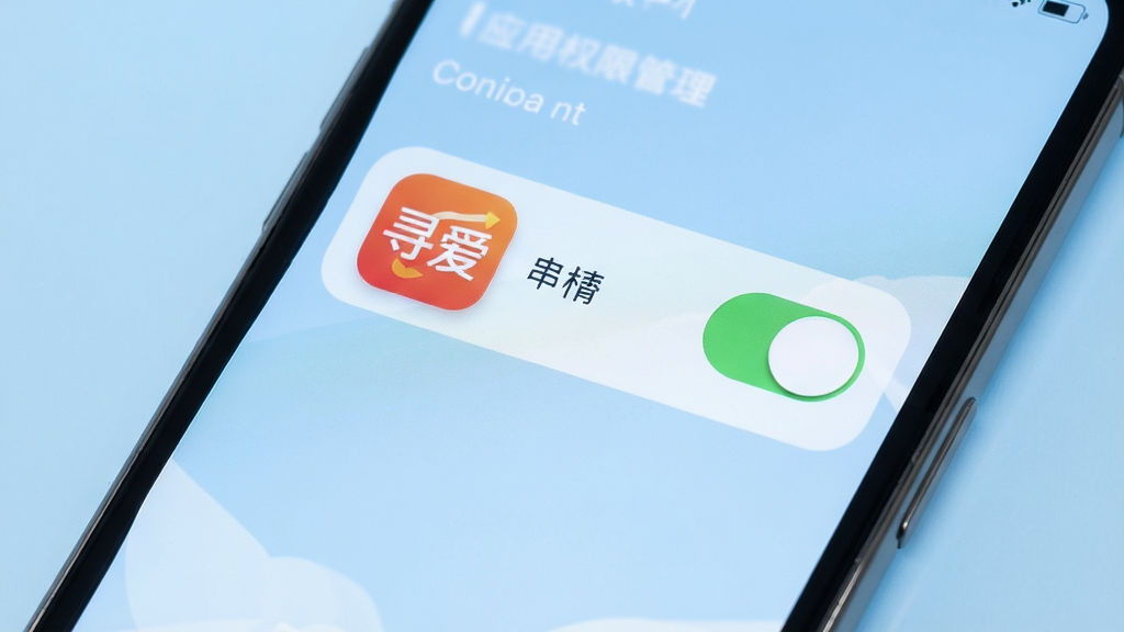 手机屏幕展示应用权限管理界面,寻爱图标旁有权限开关,背景为浅蓝色,风格清晰实用,细节干净,画质高清,无多余元素