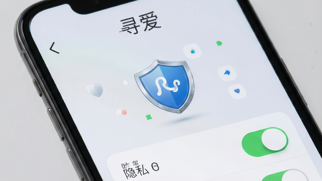 手机安全中心界面展示盾牌图标和隐私开关列表,屏幕上方有“寻爱”字样,背景为浅灰色,风格简约商务,细节清晰,画质干净,无多余元素