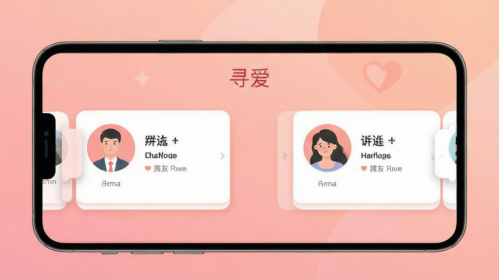 手机屏幕中央展示交友应用界面,左右滑动卡片式用户资料,背景为温暖浅粉色渐变,界面干净整洁,顶部显示“寻爱”字样,整体风格清新现代,扁平化UI设计,高清画质,无多余元素
