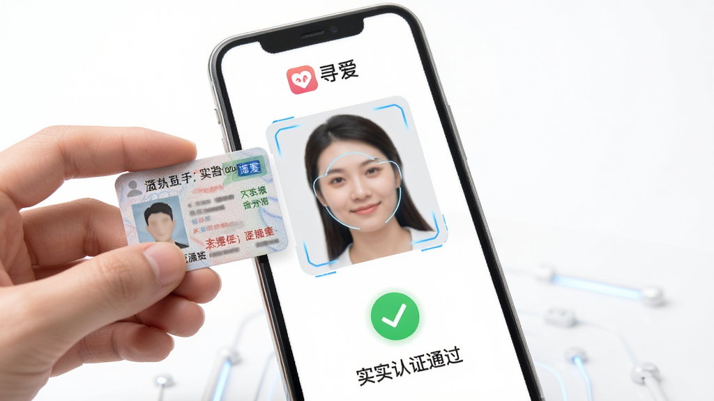 手机界面展示实名认证流程,用户手持身份证进行人脸识别,屏幕上有“寻爱”标志和认证通过绿色对勾,背景为简洁白色,风格科技感与安全感并存,高清细节,干净排版