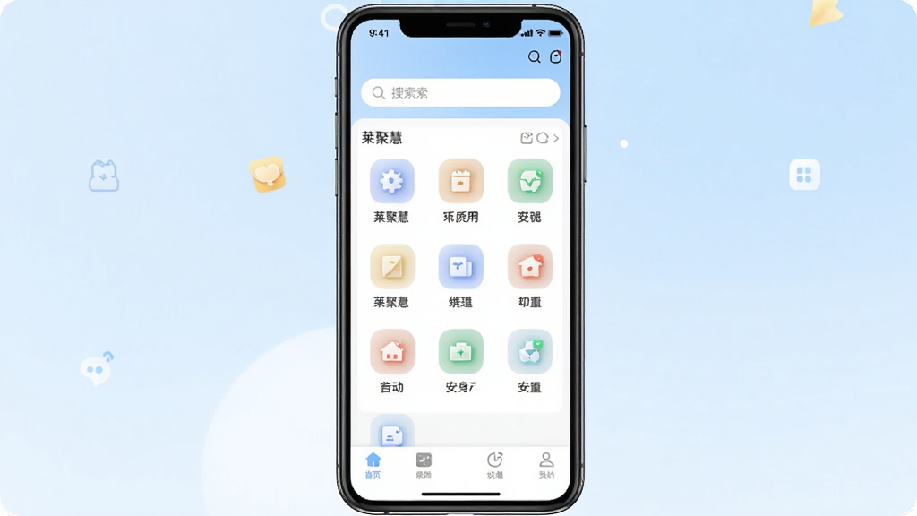 一张展示莱聚慧应用主界面的手机样机图,画面中央是手机屏幕,屏幕内呈现莱聚慧应用首页布局,包含顶部搜索栏、中部功能图标网格和底部导航栏,图标色彩柔和,背景为浅蓝色渐变,整体风格清新简约,画质清晰,干净无多余元素
