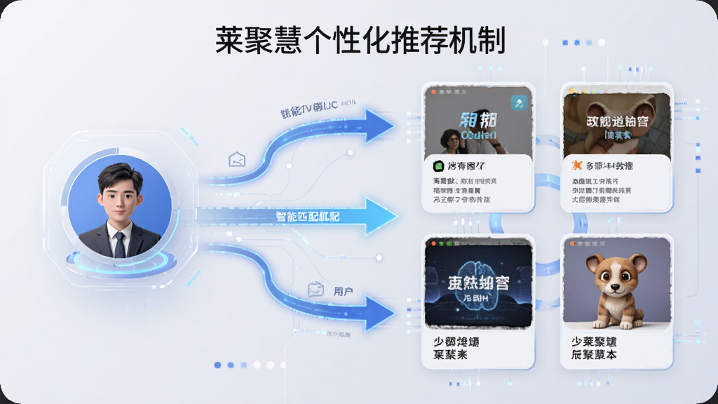 一张展示莱聚慧个性化推荐机制的示意图,画面左侧是用户画像图标,右侧是各类内容卡片,中间以箭头连接表示智能匹配,背景为浅灰色,风格科技感强,细节精致,画质清晰,干净无多余元素