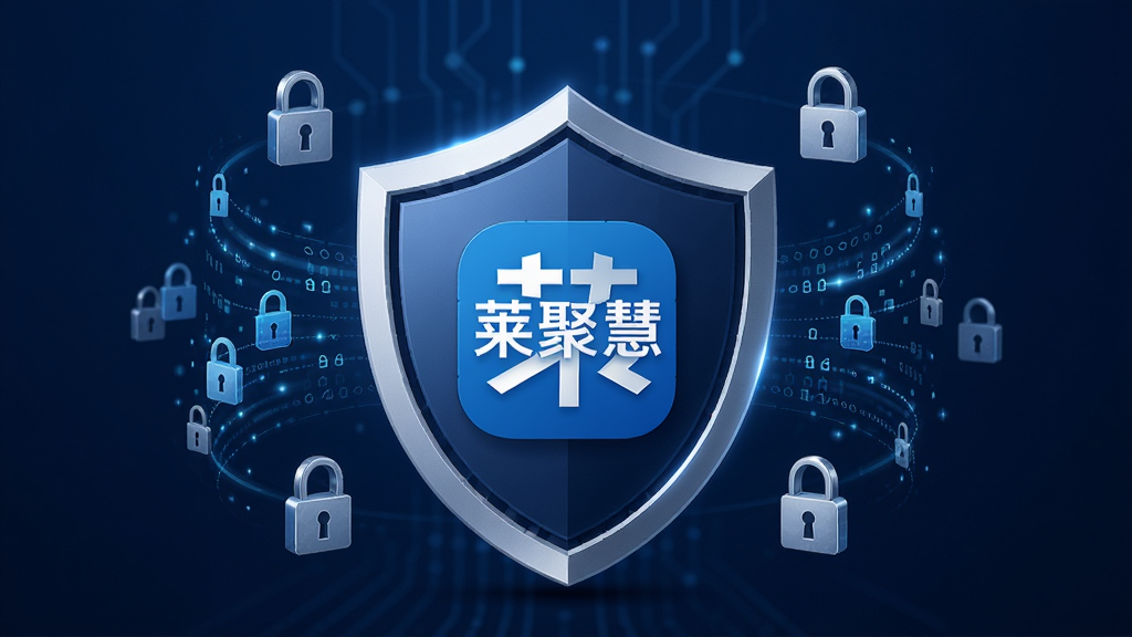 一张展示莱聚慧数据安全防护功能的图片,画面中央是一个盾牌图标,盾牌内显示莱聚慧应用标识,周围环绕着锁形符号和加密线条,背景为深蓝色,风格稳重专业,细节丰富,画质高清,干净无多余元素