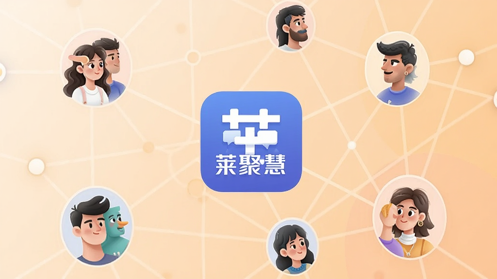 一张展示莱聚慧社交互动功能的插图,画面中多个用户头像通过线条连接形成社交网络,中心是莱聚慧应用图标,背景为柔和的暖色调,风格现代简洁,细节清晰,画质细腻,干净无多余元素