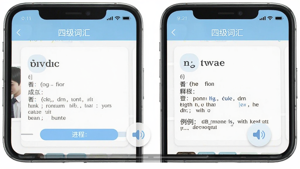 软件名称“四级词汇”移动端学习界面,主体是手机屏幕显示单词卡片与发音按钮,布局为竖屏展示,排版简洁,风格学习工具风,细节包含单词、音标、释义、例句、进度条,画质高清,干净,无多余元素