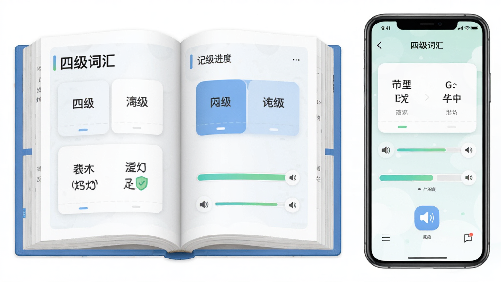 软件名称“四级词汇”主界面展示,主体是一本翻开的电子单词书与手机屏幕并列,布局为左侧书本右侧手机,排版居中对称,风格清新学习风,细节包含单词卡片、记忆进度条、发音图标,画质高清,干净,无多余元素