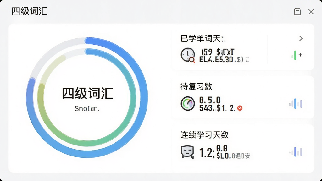软件名称“四级词汇”学习进度统计界面,主体是环形进度图与数据面板,布局为上下结构,排版简洁,风格数据可视化风,细节包含已学单词数、待复习数、连续学习天数等数据,画质高清,干净,无多余元素