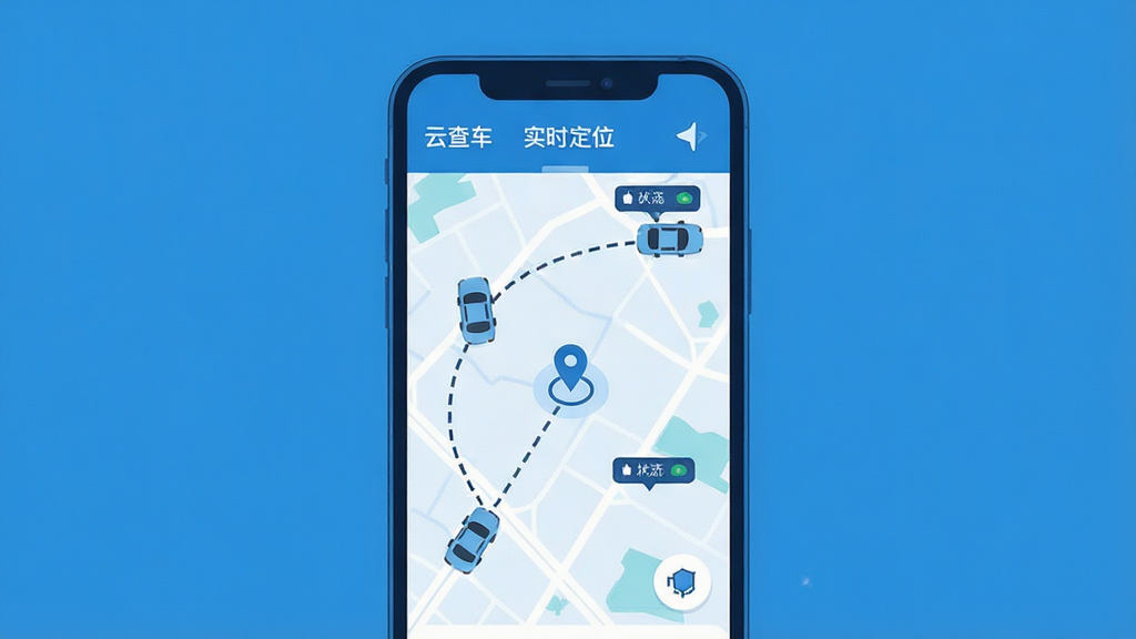 一张以“云查车”实时定位追踪功能为主题的AI生图,主体为手机屏幕显示地图界面,地图上有多个车辆图标正在移动,布局为居中展示手机与地图,排版简洁,风格为科技蓝调扁平插画,细节包含定位光标、行驶轨迹虚线、车辆状态标签,画质高清,干净,无多余元素