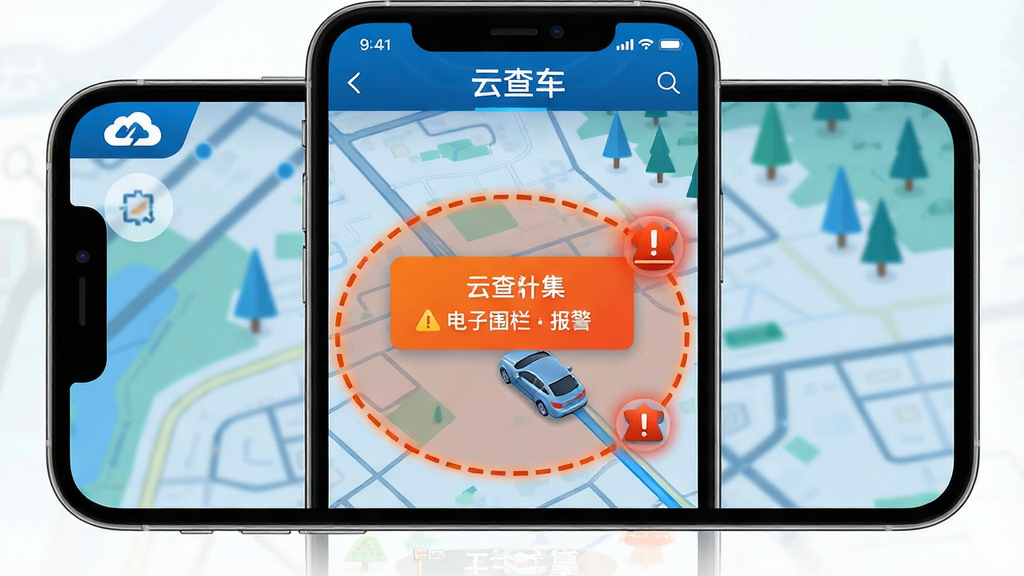 一张以“云查车”电子围栏报警功能为主题的AI生图,主体为手机屏幕显示地图上有一个圆形围栏区域,一辆车图标在边界处触发报警,布局为居中展示围栏与车辆关系,排版直观,风格为警示橙与科技蓝结合,细节包含报警弹窗、围栏虚线、车辆图标,画质高清,干净,无多余元素