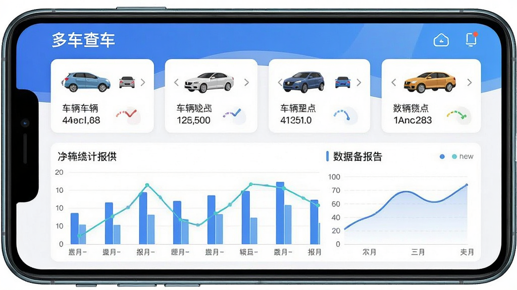 一张以“云查车”多车管理与数据报表功能为主题的AI生图,主体为手机屏幕展示车辆列表与数据图表,布局为上方车辆卡片列表下方柱状统计图,排版规整,风格为商务简约扁平化,细节包含多辆车图标、里程数字、报表曲线,画质高清,干净,无多余元素