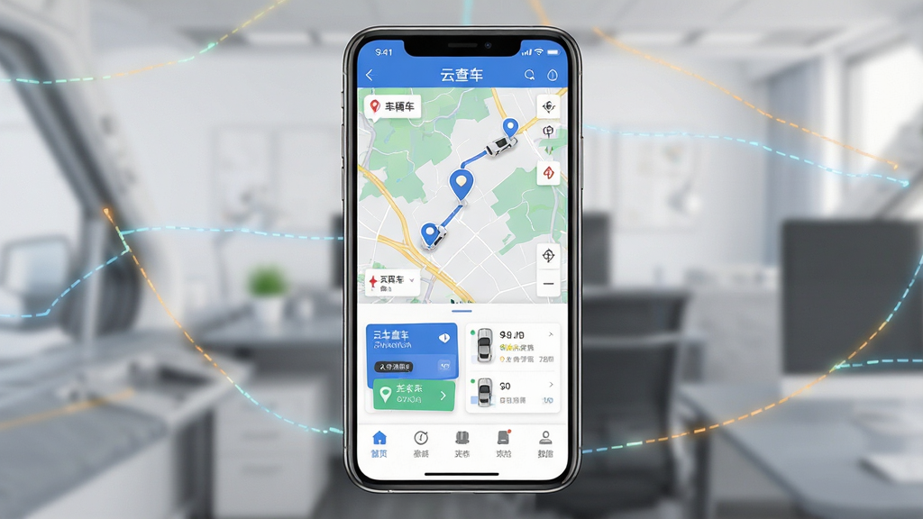 一张展示云查车软件手机端的整体界面预览图,主体为车辆GPS定位监控应用界面,布局采用上下结构,上方显示地图与车辆图标,下方为功能菜单栏,排版整齐清晰,风格为现代科技感扁平化设计,细节包含实时定位标记、轨迹线条、车辆状态卡片等元素,画质高清,干净,无多余元素