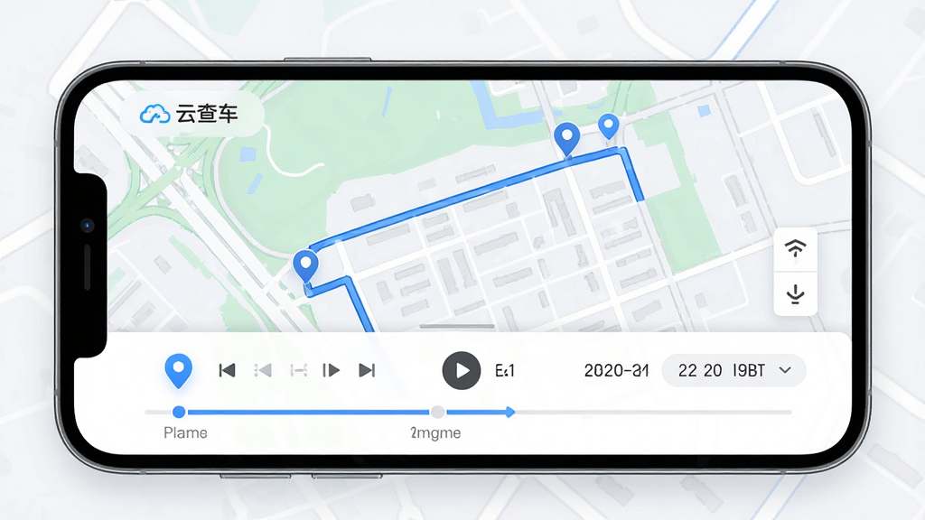 一张以“云查车”历史轨迹回放功能为主题的AI生图,主体为手机屏幕展示轨迹回放界面,地图上有一条完整的行车路线,布局为上方地图下方时间轴控制条,排版清晰,风格为现代简约科技风,细节包含起点终点标记、倍速播放按钮、日期选择器,画质高清,干净,无多余元素