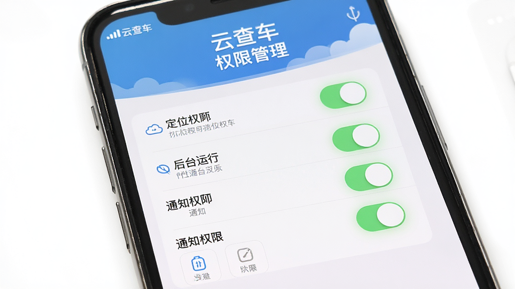 一张以“云查车”手机端安装与权限设置为主题的AI生图,主体为手机屏幕展示应用权限管理界面,布局为居中显示权限开关列表,排版清晰,风格为扁平化iOS风格,细节包含定位权限、后台运行、通知权限等开关项,画质高清,干净,无多余元素
