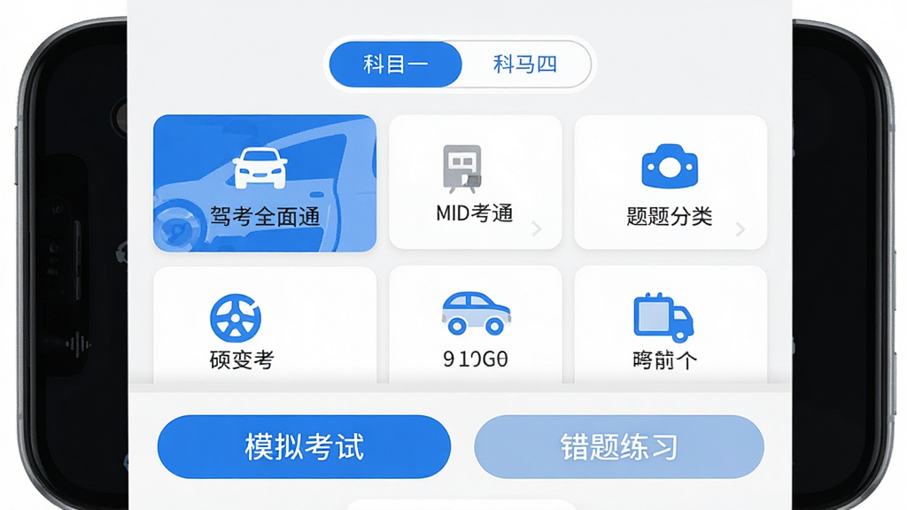手机屏幕中显示驾考全面通软件主界面,顶部有科目一科目四切换标签,中间是驾考全面通题库分类卡片,底部有模拟考试和错题练习按钮,主体突出,布局居中,排版整齐,风格为清新扁平化UI设计,细节包括蓝色主色调图标和白色卡片背景,画质高清,干净,无多余元素