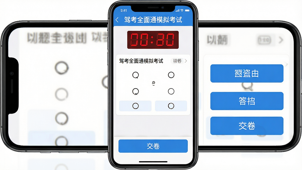 驾考全面通模拟考试界面,手机屏幕显示倒计时和答题卡,底部有交卷按钮,屏幕中央是一道选择题,上方显示驾考全面通模拟考试标题,主体为手机应用截图,布局上下结构,排版规整,风格为考试系统UI风格,细节包括红色倒计时数字和蓝色选项按钮,画质高清,干净,无多余元素