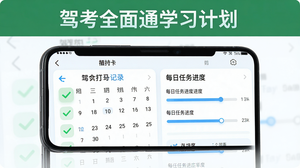 驾考全面通学习计划界面,手机屏幕显示日历打卡记录和每日任务进度条,上方有驾考全面通学习计划标题,主体为手机应用界面,布局上下结构,排版清晰,风格为清新浅色系UI,细节包括绿色完成勾选和蓝色进度条,画质高清,干净,无多余元素