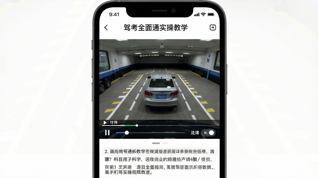 驾考全面通实操视频教学页面,手机屏幕中播放科目二倒车入库教学视频,画面中有教练车和标线,视频下方有步骤文字说明,顶部显示驾考全面通实操教学,主体为手机视频播放界面,布局上下结构,排版简洁,风格为教育类视频播放器UI,细节包括播放进度条和清晰度切换按钮,画质高清,干净,无多余元素
