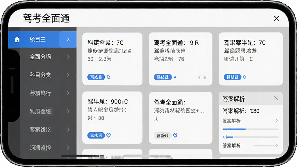 驾考全面通软件界面中展示科目一题库列表,左侧有科目分类导航栏,右侧是题目卡片和答案解析区域,屏幕上方显示驾考全面通字样,主体为手机应用截图风格,布局左右分栏,排版清晰,风格为现代简约科技感,细节包括蓝色高亮选中状态和灰色背景分区,画质高清,干净,无多余元素