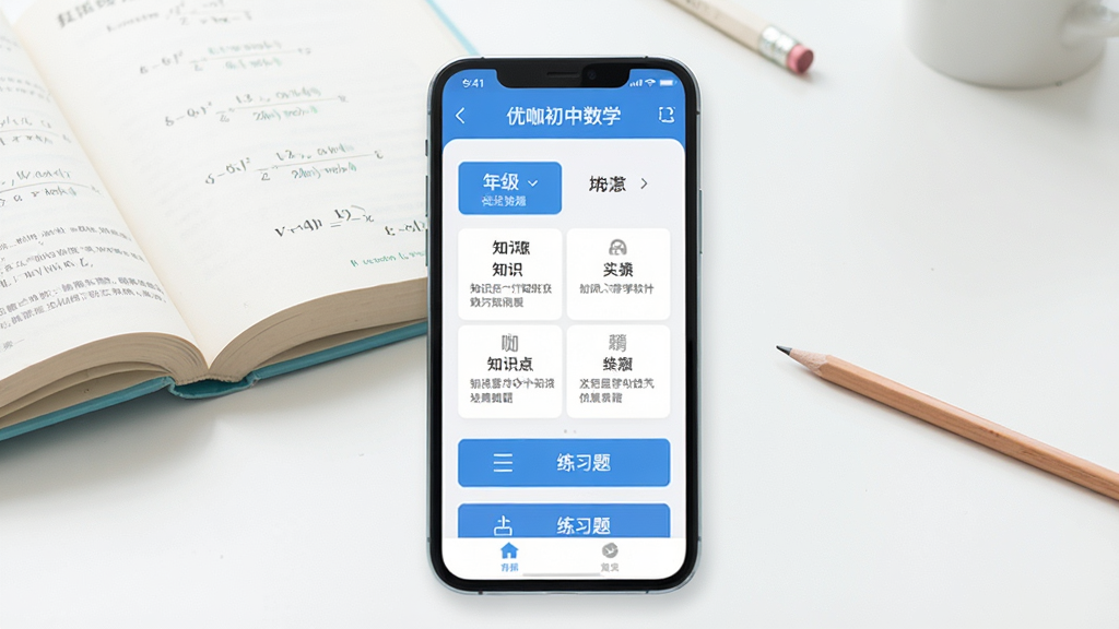 一张展示优咖初中数学软件主界面的图片,画面中央是手机屏幕,屏幕内显示“优咖初中数学”应用首页,包含年级选择、知识点分类和练习题入口,背景为干净的书桌,桌上有数学课本和铅笔,整体风格清新明亮,排版简洁,画质清晰,无多余元素