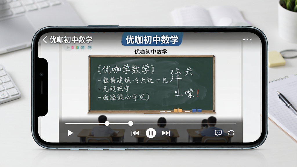 一张展示优咖初中数学微课视频功能的图片,画面中央是手机横屏播放界面,屏幕内显示“优咖初中数学”微课视频和板书讲解画面,下方有进度条和控制按钮,背景为简洁的桌面,风格专业清晰,排版合理,画质高清,无多余元素