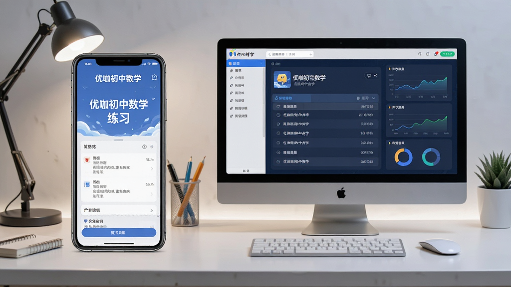 一张展示优咖初中数学在手机和电脑上同时使用的场景图,画面左侧是手机显示“优咖初中数学”练习界面,右侧是电脑模拟器显示同一账号的学习记录,背景为整洁的书桌,风格现代科技感,排版对称,画质清晰,无多余元素