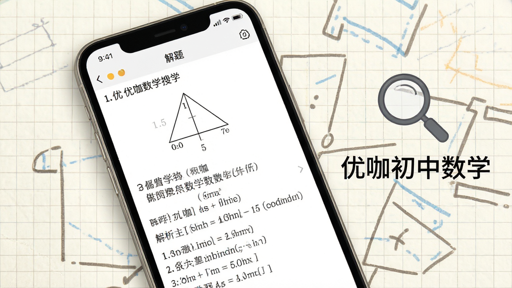 一张展示优咖初中数学搜题功能的图片,画面中央是手机屏幕,屏幕内显示一道初中几何题的详细解析步骤,旁边有放大镜图标和“优咖初中数学”字样,背景为浅色网格纸纹理,风格现代简洁,排版清晰,画质高清,无多余元素