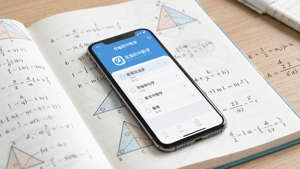 一张展示优咖初中数学教材同步功能的图片,画面中一部手机放置在打开数学课本的桌面上,手机屏幕显示“优咖初中数学”的章节选择界面,旁边有几何图形和代数公式的淡色背景,风格干净整洁,排版清晰,画质细腻,无多余装饰