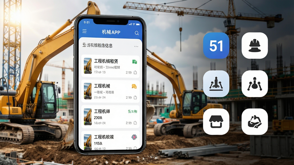 һ��չʾ51��еAPP���Ĺ��ܵ�����ͼ����������Ϊ�����ֻ���Ļ����Ļ����ʾ���̻�е��������Ƹ��Ϣ�б����棬����Ϊ��æ�Ľ������أ����ھ�������ػ�������ҵ�����ֲ��þ��й�ͼ���ֻ����ڻ�������ƫ���Ҳ�չʾ����ͼ��Ԫ�أ����Ϊ�ִ��Ƽ����빤ҵ���ϣ�ϸ�ڰ���������UI���桢��е�豸����ʵ���������ػ����Ĺ�ӰЧ�������ʸ��壬�ɾ����޶���Ԫ��