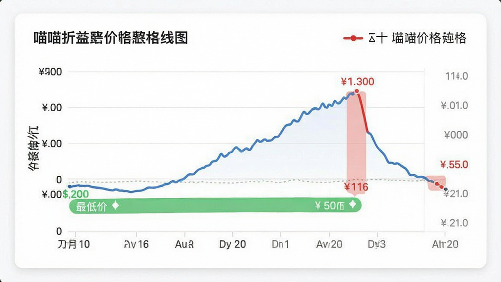 一张手机界面截图,展示喵喵折的历史价格曲线图,画面主体是一条折线图,横轴为月份,纵轴为价格,曲线下方有绿色最低价标记和红色最高价标记,背景为白色卡片,排版清晰,风格为数据可视化设计,细节包括价格数字、日期标签、图例,画质高清,干净,无多余元素