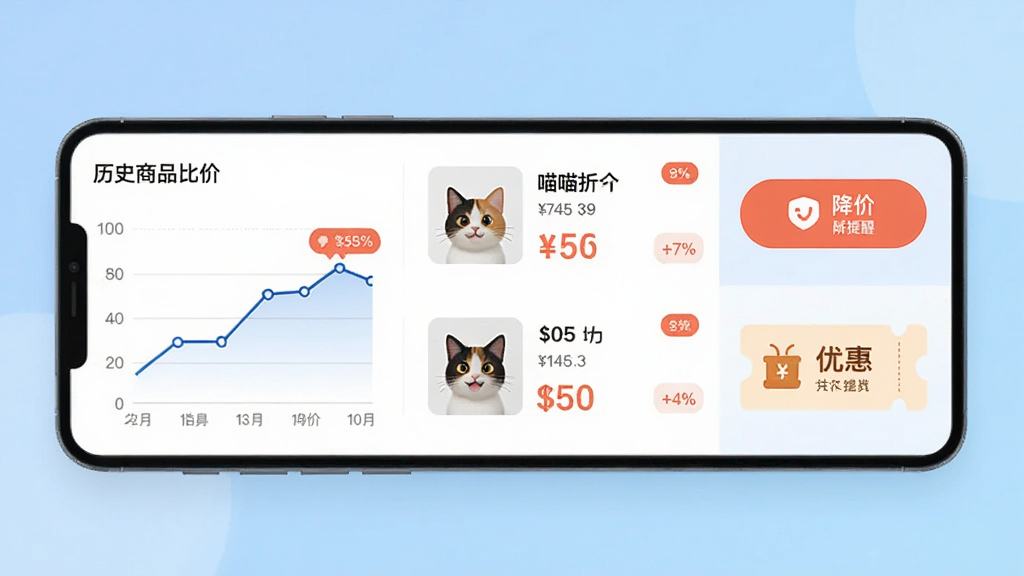一张手机屏幕展示喵喵折APP主界面,画面中央是商品比价列表,左侧显示历史价格曲线图,右侧有降价提醒按钮和优惠券图标,背景为浅蓝色渐变,排版整洁,风格为现代扁平化UI设计,细节包括商品缩略图、价格数字、百分比标签,画质高清,干净,无多余元素