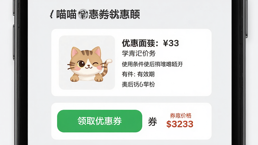 一张手机屏幕展示喵喵折优惠券领取页面,画面中央是商品卡片,下方有“领取优惠券”按钮,按钮旁边显示券后价格,背景为浅灰色,排版整齐,风格为电商促销风格,细节包括优惠券面额、使用条件、有效期,画质高清,干净,无多余元素