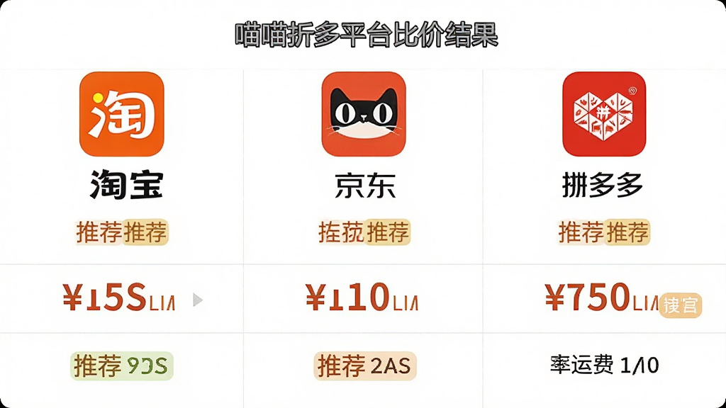 一张手机界面展示喵喵折多平台比价结果,画面分为三列,分别显示淘宝、京东、拼多多的价格和运费,每列有平台图标和价格数字,背景为白色,排版对称,风格为对比表格设计,细节包括平台logo、价格标签、推荐标签,画质高清,干净,无多余元素