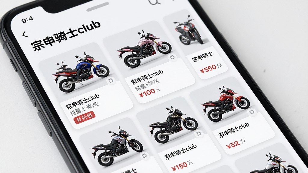 画面主体为手机屏幕特写,屏幕内展示“宗申骑士club”车型列表页面,多款摩托车缩略图整齐排列,布局为上下滑动信息流,排版清晰,风格为现代UI设计,细节包括车型名称、排量标签、价格区间,画质高清,干净,无多余元素