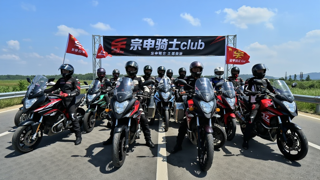 画面主体为一群摩托车骑手在郊外公路集结,背景有“宗申骑士club”活动横幅,布局为横向全景,排版突出骑手与车辆,风格为户外纪实摄影,细节包括头盔、骑行服、旗帜、蓝天白云,画质4K,干净,无多余元素