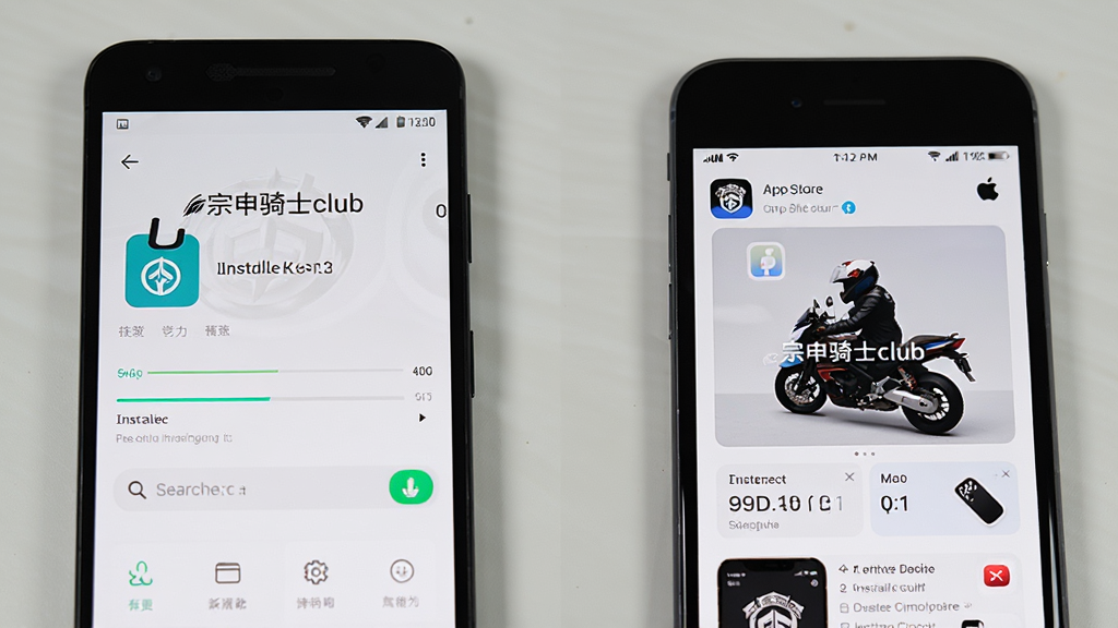 画面主体为一部安卓手机与一部苹果手机并排放在桌面上,屏幕分别显示“宗申骑士club”安装界面与App Store页面,布局为左右对比,排版清晰,风格为数码产品评测风,细节包括安装进度条、搜索框、手机边框,画质高清,干净,无多余元素
