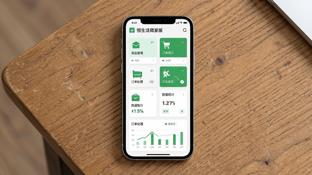 恒生活商家版应用界面展示,手机屏幕中呈现商家管理后台,包含商品管理、订单处理、数据统计等模块,主体为一部智能手机放置在木质桌面上,布局居中,排版简洁清晰,风格为现代商务扁平化设计,细节包含图标、卡片式数据面板、绿色主色调点缀,画质高清,画面干净,无多余元素