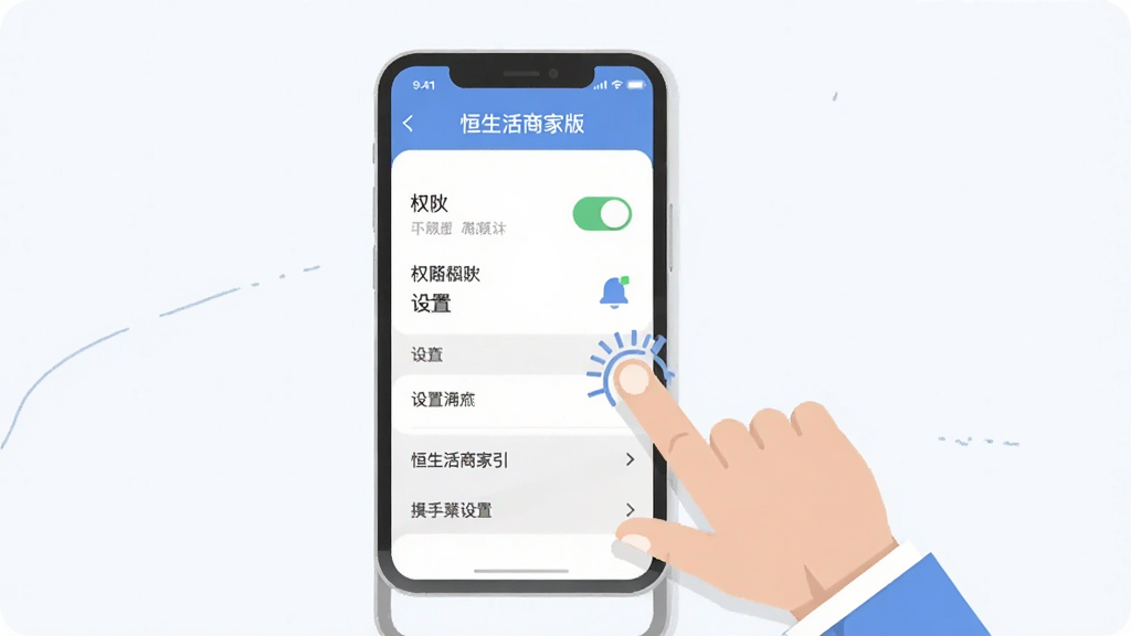 恒生活商家版新手操作指引,画面中一部手机显示应用设置界面,旁边有手指点击操作示意,主体为手机与手势,布局简洁,排版清晰,风格为扁平化教程插图,细节包含权限开关、通知图标、设置菜单,画质高清,画面干净,无多余元素