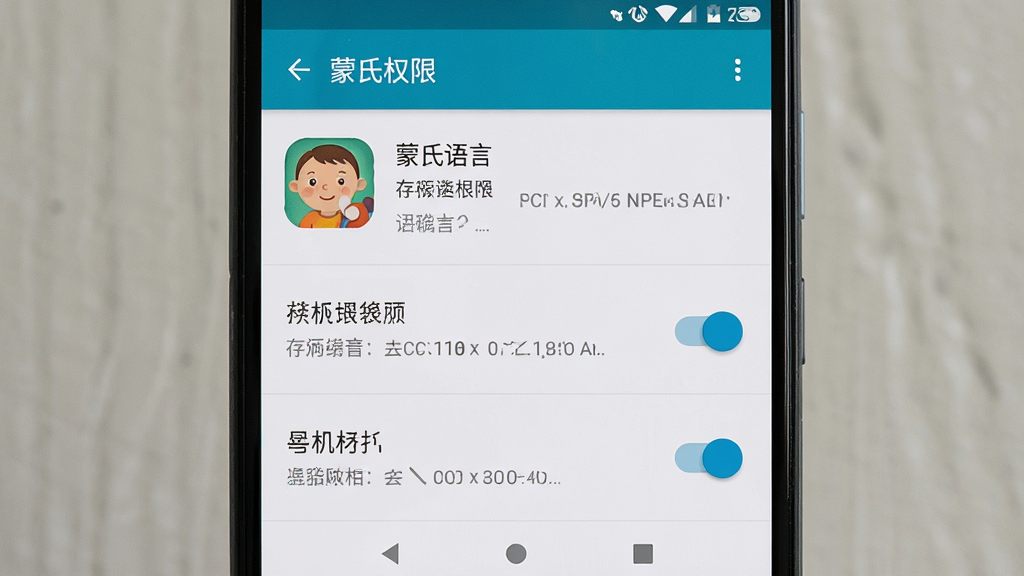 一张展示蒙氏语言APP在手机上安装权限设置界面的图片,主体为手机屏幕显示权限管理页面,布局为手机居中,屏幕内呈现存储权限和麦克风权限开关按钮,排版为列表式排列,风格为安卓系统原生设置界面风格,细节包含蒙氏语言应用图标和权限说明文字,画质高清干净无多余元素