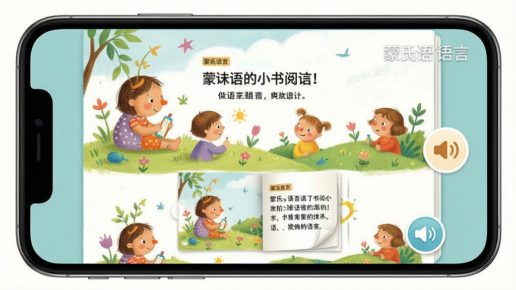 一张展示蒙氏语言APP内语言小书阅读界面的图片,主体为手机屏幕显示蒙氏语言应用中的电子绘本页面,布局为手机居中,屏幕内呈现彩色插画和文字排版,排版为上下结构图文并茂,风格为清新童书插画风,细节包含翻页动画效果、朗读按钮、蒙氏语言水印,画质高清干净无多余元素