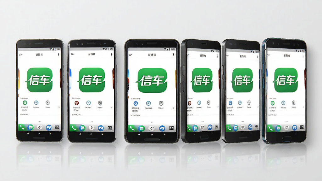 主体为多部不同型号安卓手机并排展示,屏幕统一显示“信车”应用图标与界面,布局为横向排列,风格产品展示风,细节有浅灰背景与柔和阴影,画质清晰,干净,无多余元素