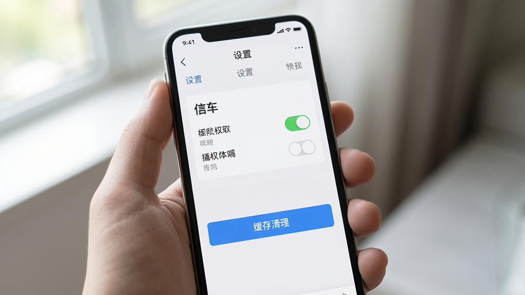 主体为一只手握持手机,屏幕显示“信车”应用设置界面,画面中有权限开关与缓存清理按钮,布局为手持特写,风格清爽写实,细节有柔和自然光,画质高清,干净,无多余元素