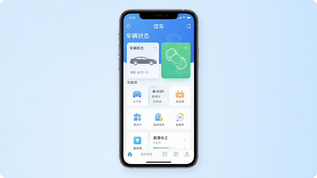 主体为一部智能手机,屏幕中显示“信车”应用主界面,界面上有车辆状态卡片与功能图标,布局居中,背景为浅蓝色渐变,风格简洁科技感,细节包含车辆轮廓图标与数据面板,画质高清,干净,无多余元素